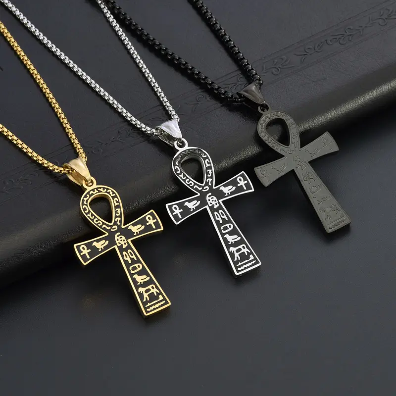 Ankh Necklace for Men, 18K Gold/Black Plated Stainless Steel Hieroglyphic Symbol Ancient Egyptian Pendant for Women, Free Necklace 24" Round Box Chain