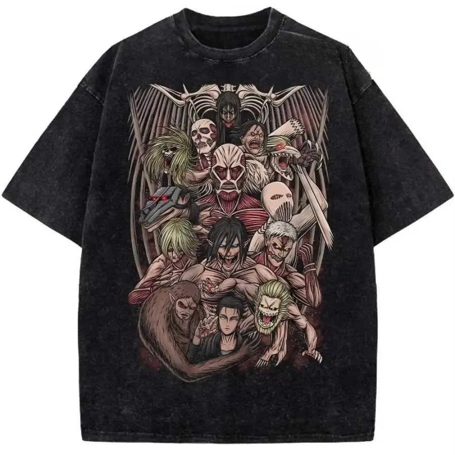 2026 new A huge retro washed "Attack on Titan" T-shirt featuring graffiti of the anime giant army.