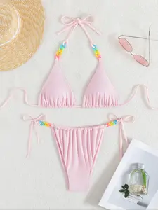 Women's Two-Piece Summer Swimsuit Set, Cute Halter Neck Tie Back Design, Vacation Wear, New Arrival Swimwear for Ladies