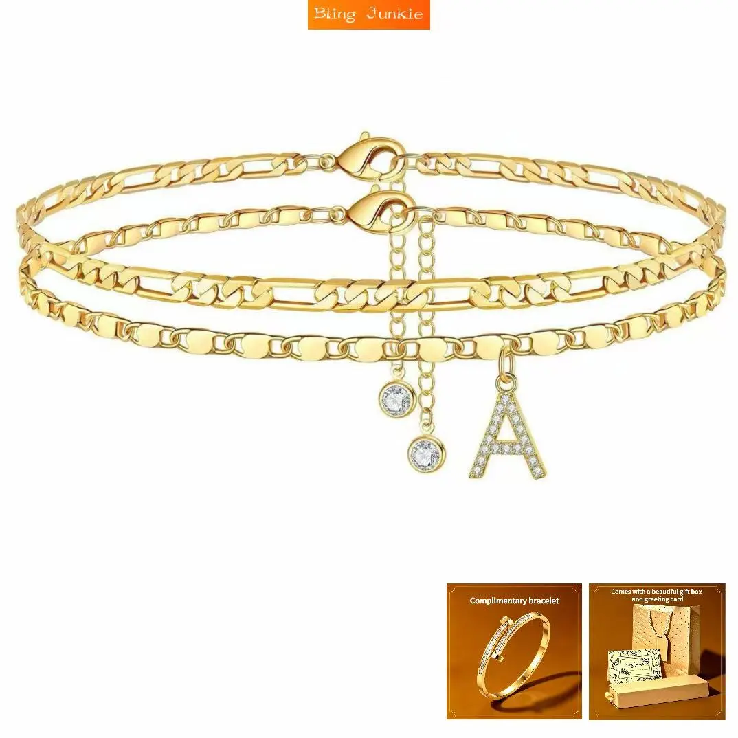 Bling Junkie Custom Letter A Double Chain Anklet, Gold Plated Figaro & Box Chain Personalized Initial Ankle Bracelet, Waterproof Summer Beach Foot Jewelry for Women | Free Gift Included Letter Anklet Gold Plated Bracelet Gold Braclets Gold Anklets Set