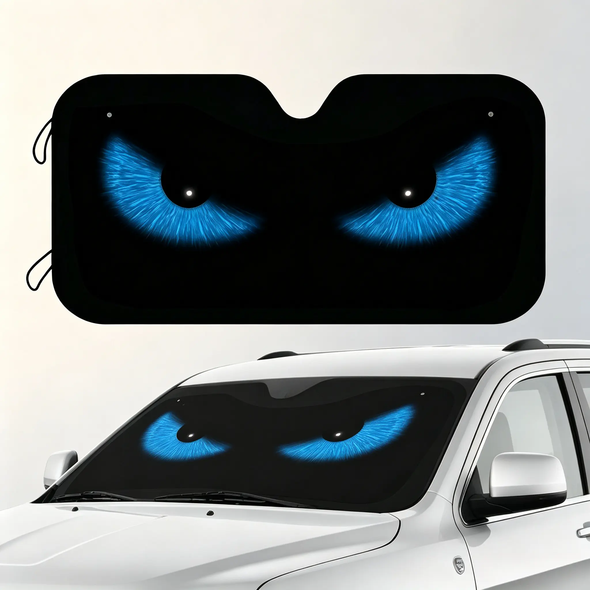 Evil Eye Car Windshield Sunshade (140x70cm) - Blue Glowing Eyes Design, Foldable Heat Shield, UV Protection, Heat Insulation, Exterior Accessory for SUVs & Trucks, Folding Heat Shield