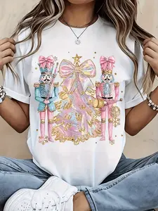 Festive Women's And Unisex Nutcracker T Shirt Featuring Soldier Design With Pink Bow And Golden Accents