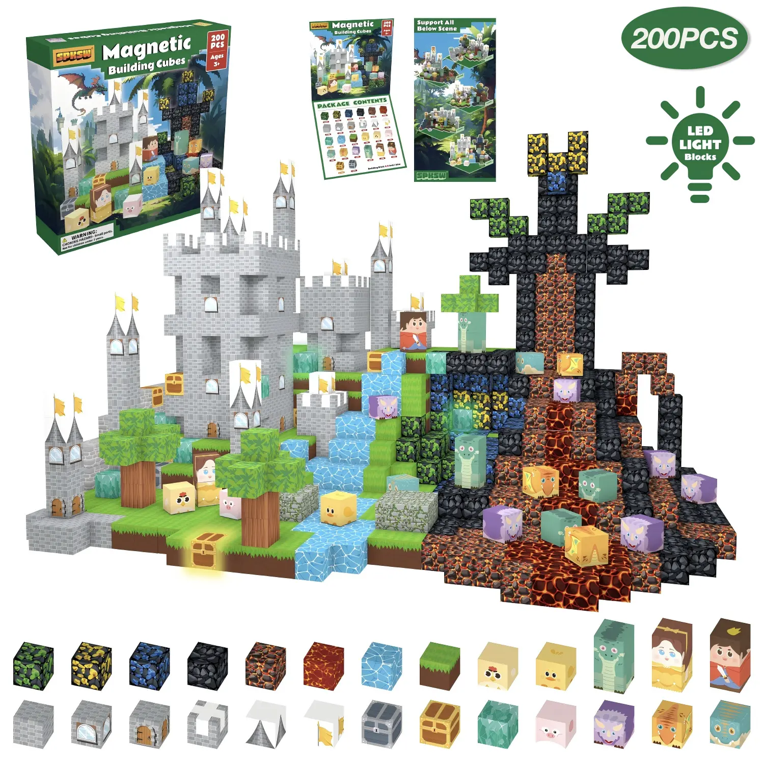 200 Magnetic Cubes (0.8×0.8×0.8 Inches) - Vibrant BPA-Free Magnetic Tiles, 3 Glow Blocks, Strong Magnets, Sturdy Build, STEM Montessori Sensory Toy, DIY Castle/Dinosaur Playset, Gift for Kids Ages 3-12