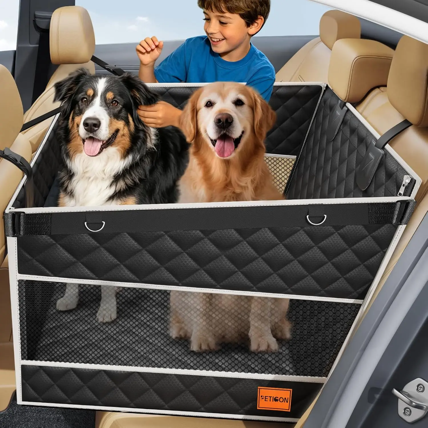 PETICON XL Large Dog Car Seat, Back Seat Extender for Pets with Hard Bottom | Waterproof Pet Carseat for Large/Medium Dog, Mesh Windows, Large Pocket, One-Piece Base Plate, Dog Hammock for Cars/SUV/Truck