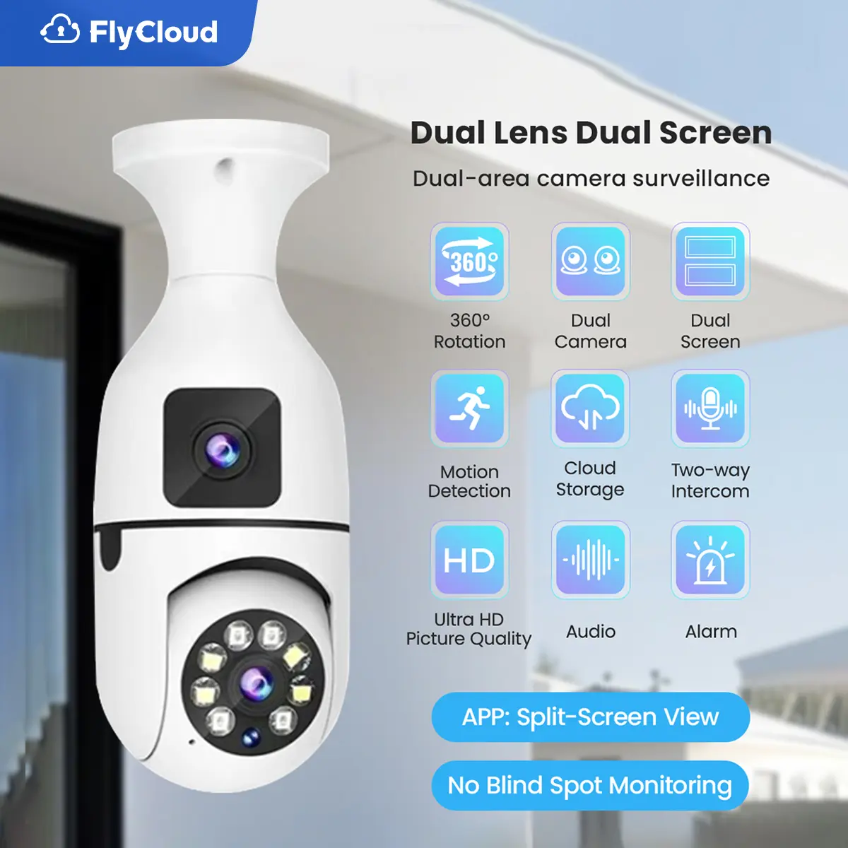 [Flycloud 2MP] Dual Lens Light Bulb Camera 1080P HD WiFi Remote View Two-Way Talk Night Vision Smart Human Detection AP Mode V380 Home Security Camera for Store Office fathersdaygift