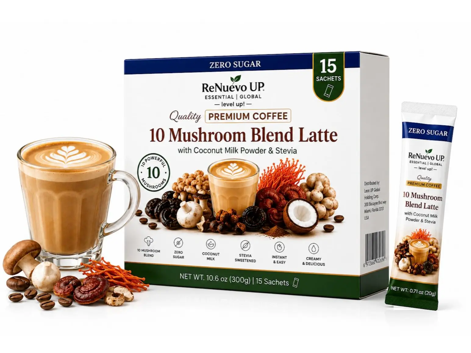ReNuevo UP 10 Mushroom Blend Latte Mix Packets, Premium Instant Mushroom Coffee with Reishi, Lion's Mane, Cordyceps, Chaga, Coconut Milk Powder & Stevia, Sugar Free, 15 Sachets