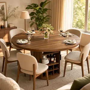 47" Round Walnut Dining Table for 4-6 People - Kitchen Table with Wood Slide Door, 3-Layer Storage Shelf for Dining Room, Living Room (Chairs Not Included)
