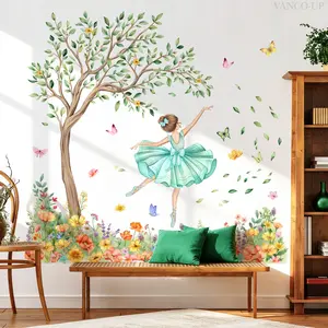 A set (30*90cm*4pcs) of green big tree, colorful flower, butterfly, dancing girl flat wall stickers for home background decoration and beautification, M16202, Waterproof Wall Sticker