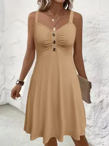Women's Summer Sleeveless A-Line Dress, Elastic Fitted Casual Elegant Comfortable Plain Design, Perfect for Daily Wear & Leisure Activities