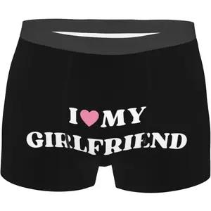 I Love My Hot-Girlfriend Underwear I Heart My G&F Valentine'S Day Birthday Boxer Brief Men Gifts Guys Mens Short Men's All Over Print Letter Tape Waist Boxer Briefs, Tight Casual Comfy Breathable Shorts Underwear for Daily Wear, Men's Underwear for All Se