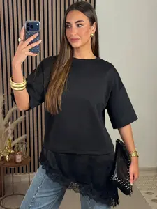 Spring Summer Women's Solid Color Lace Patchwork Short Sleeve T-Shirt, Loose-Fitting Fashion Top, Casual Daily Wear, Womenswear