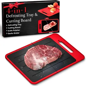 4-in-1 Defrosting Tray for Frozen Meat with  Board,  Sharpener & Garlic Grater - Meat Thawing Tray & Non-Slip Red Chopping Boards by