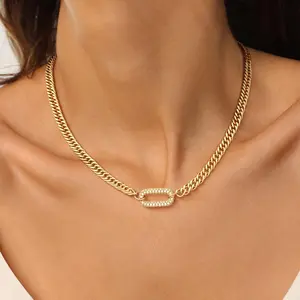Moodear Cuban Link Chain Necklace with Zircon Clasp for Men Women，Trendy Cuban Necklace For Women Gift 16 Inch for Fashion