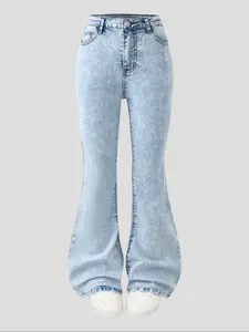 Fashion Cute Washed Flared Bell Bottoms Jeans, Elastic Fabric for Unrestricted Movement, Back Pocket Bow Embroidery Design, Basic Fashion Pants