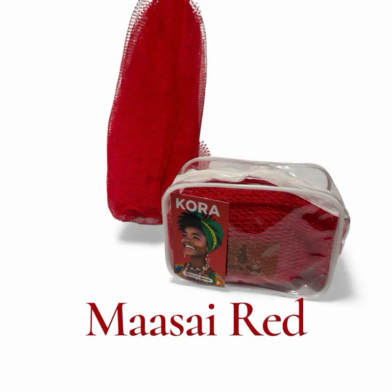 KORA NET’s Maasai Red Exfoliating Net Sponge for Gentle Effective Exfoliation in Striking Red Color Suitable for All Skin Types beautifully packaged a in travel case