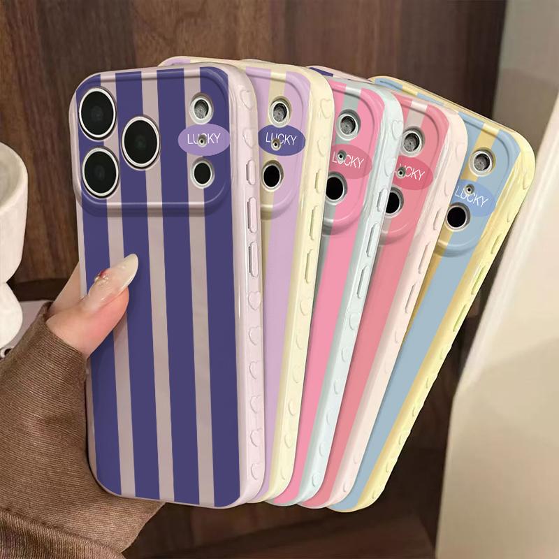 Color Block Stripe Lucky Slogan Phone Case - Premium Glossy Soft TPU-PC Composite Protective Cellphone Casing, Fingerprint Proof Soft Cover with Silky Non-Slip Skin-Friendly Surface, Side Embossed Heart Phone Decoration