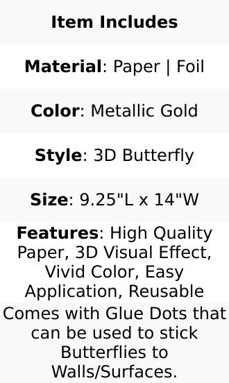 10 Pack Metallic Gold Foil Large 3D Butterfly Wall Stickers, 9"x14" Butterfly Paper Charger Placemat