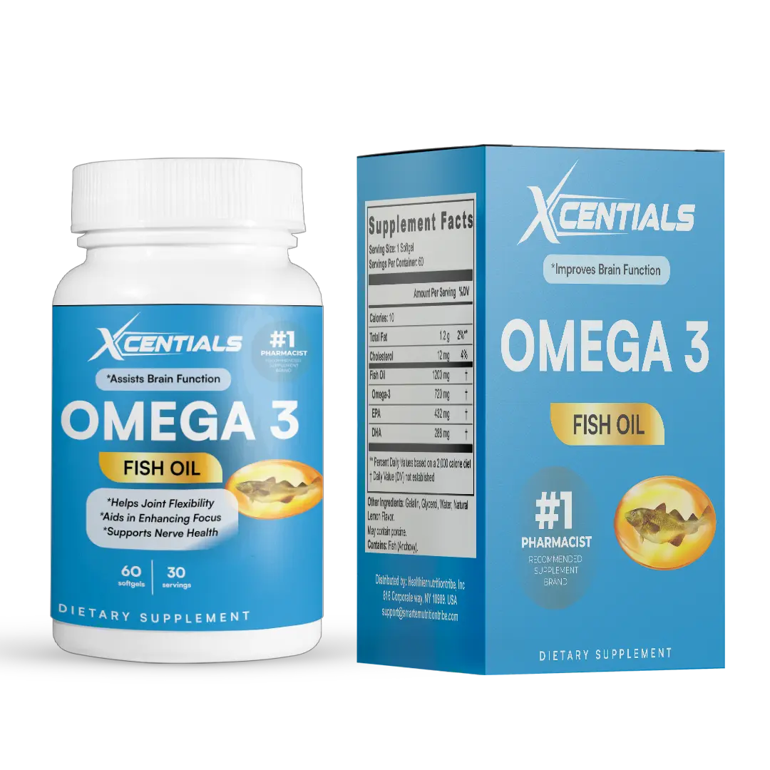 Xcentials Omega 3 Fish Oil - #1 Pharmacist Recommended - 60 Capsules - Supports Brain Function & Joint Flexibility - US Attribute - Essential Fatty Acids for Heart Brain & Joint Health