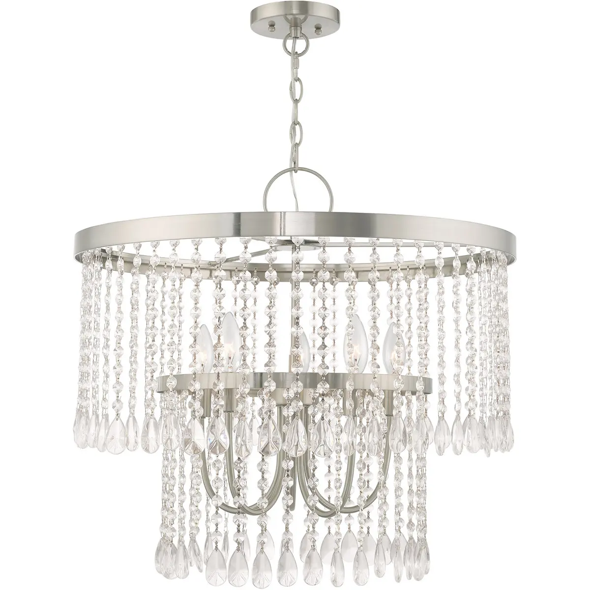5 Light Brushed Nickel Pendant Chandelier with Clear Crystals Shade