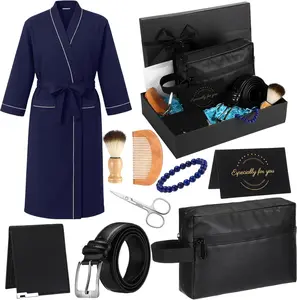 10 Pcs Valentine's day Gifts Baskets for Men Get Well Soon Gifts Beard Care Set for Him with Bathrobe, Wallet, Makeup Bag, Belt, Bracelet, Beard Comb & Brush Set for Dad, Boyfriend, Husband(Blue) Shyyween
