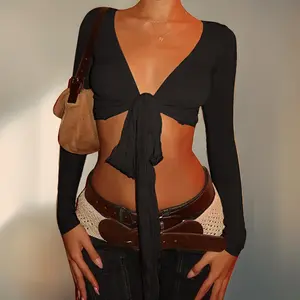 Women Fitness Yoga T-Shirts Solid Color Tie-Up Front V-Neck Long Sleeve Bottoming Shirt Seamless Workout Crop Tops Shrugs