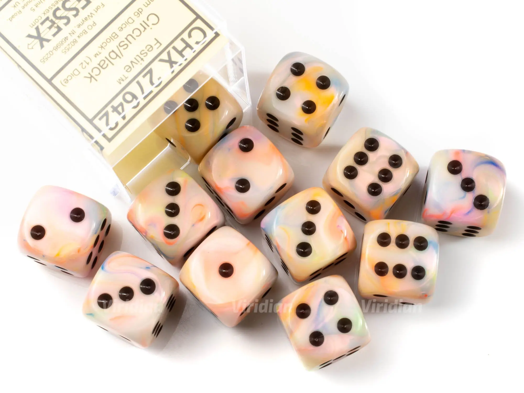 Festive Circus & Black D6s (12) | Tan, Pink, Pastel, Rainbow | D6 Block | Chessex Dice (12)