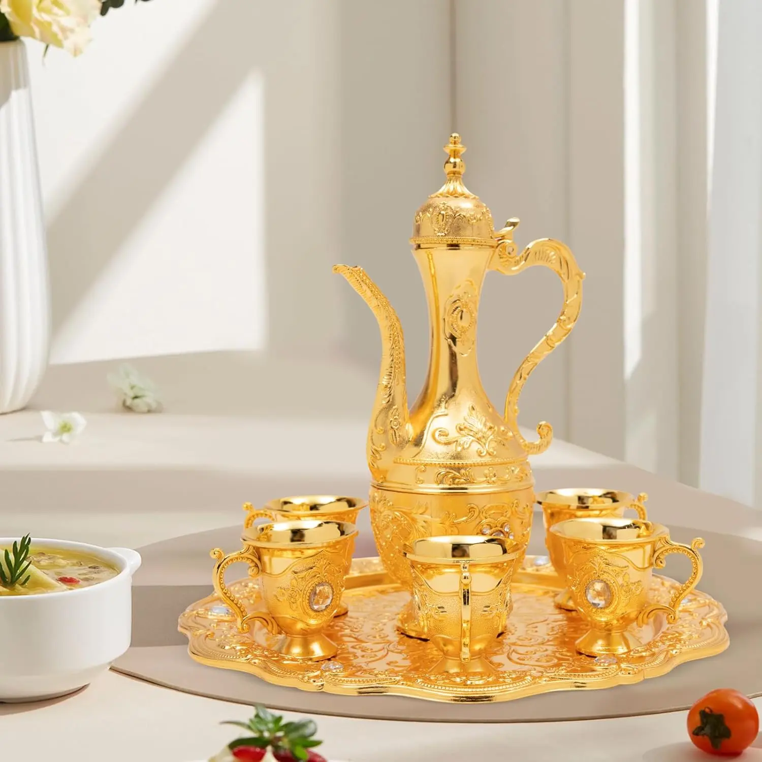 Turkish Tea Set, Vintage Turkish Coffee Cups Set with Pot and 6 Cups,Turkish Tea Glasses for Home Decor Birthday Christmas Housewarming Wedding ﻿ (Gold)