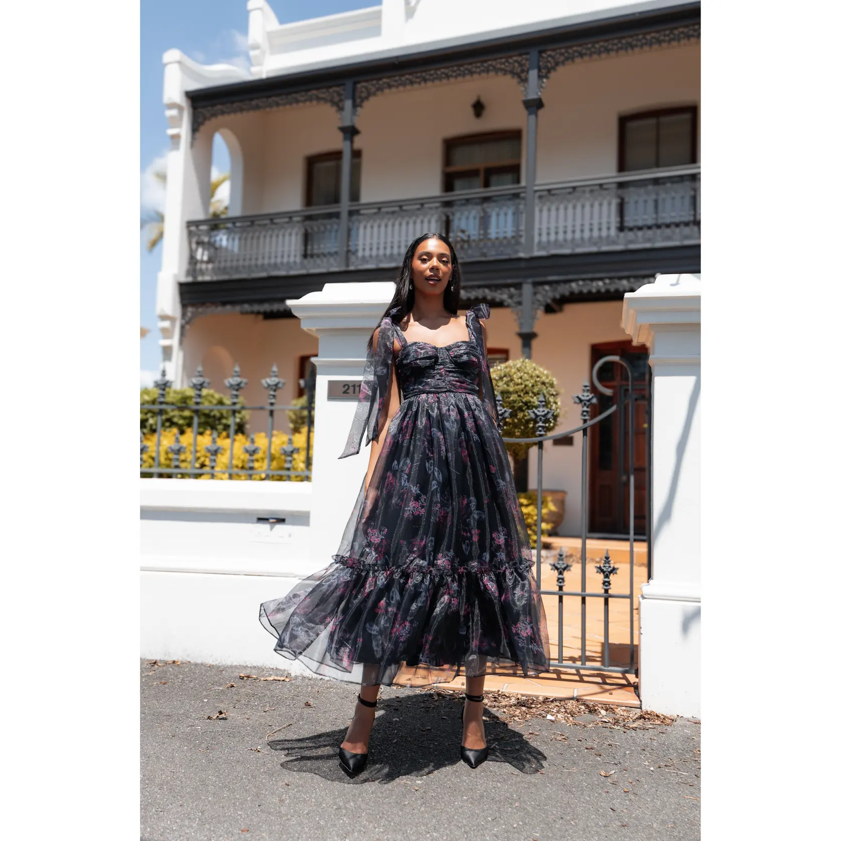 knee length dresses for ladies 31-4 Floret Slim-Fitting Dress with Volant and Thin Straps