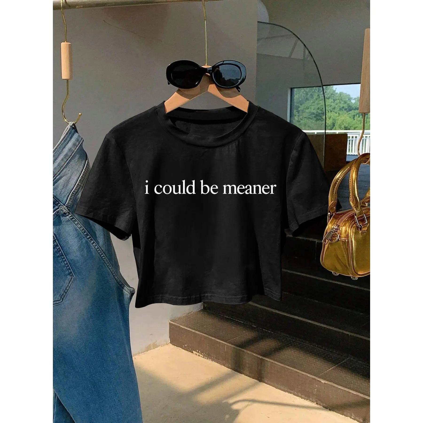 Crop Top, Minimalist Style, Text Phrase "I Could Be Meaner" Printed Short Sleeve Crew Neck Cropped T-Shirt