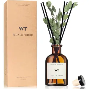 WEALD TRIBE Reed Diffuser Set for Bathroom Air Fresheners, Oil Diffuser Sticks with Flower | Eucalyptus & Mint Scent 4.0 fl oz Home Fragrance with Sticks Defusers | House Bedroom Office Shelf Decor