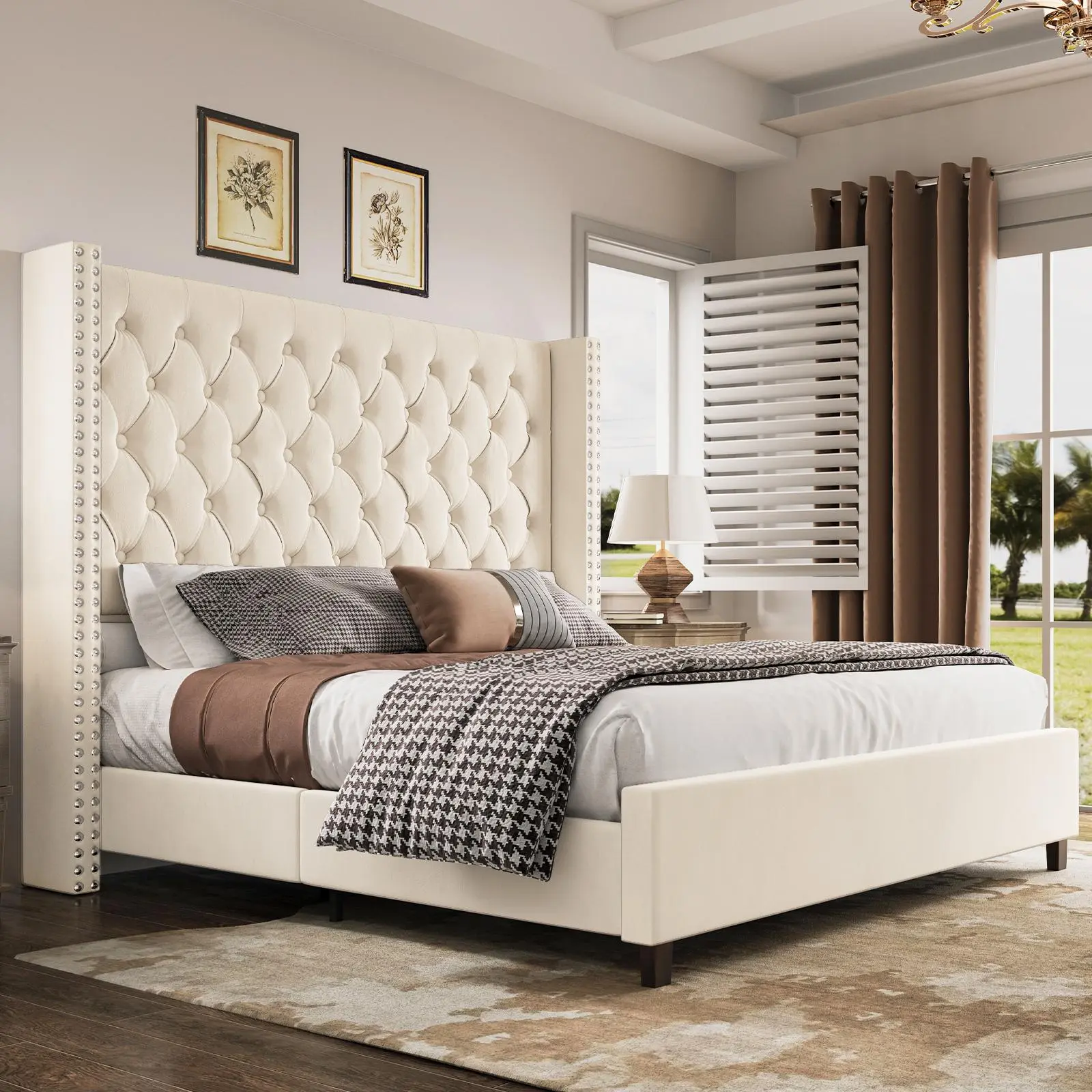 [Summerwins] AMERLIFE 61.4" Tall Bed Frame, Modern Upholstered Bed, Wingback Headboard, Velvet Tufted Handcrafted Pleat Deep Button/Comfort Luxury Design/Interior Wood Slats/No Box Spring Needed, Queen/King Size/Christmas Gifts