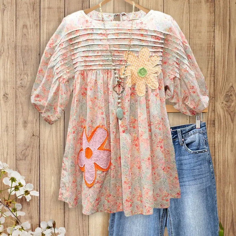 Women's Sage Vell Polyester Print Blouse - Round Neck, Puff Sleeves, Cute Flower Applique, Smocked Peplum, Loose Fit, Tie Back, Breathable Boho Vibe Tunic Top for Daily, Vacation Use (Multicolor)