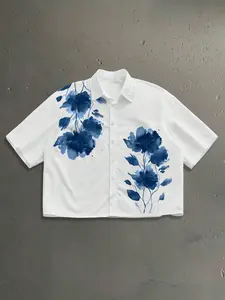 Men's Short Sleeve Shirt with Blue Floral Pattern, Street Style Casual Fashion, Vintage Comfortable Daily Wear