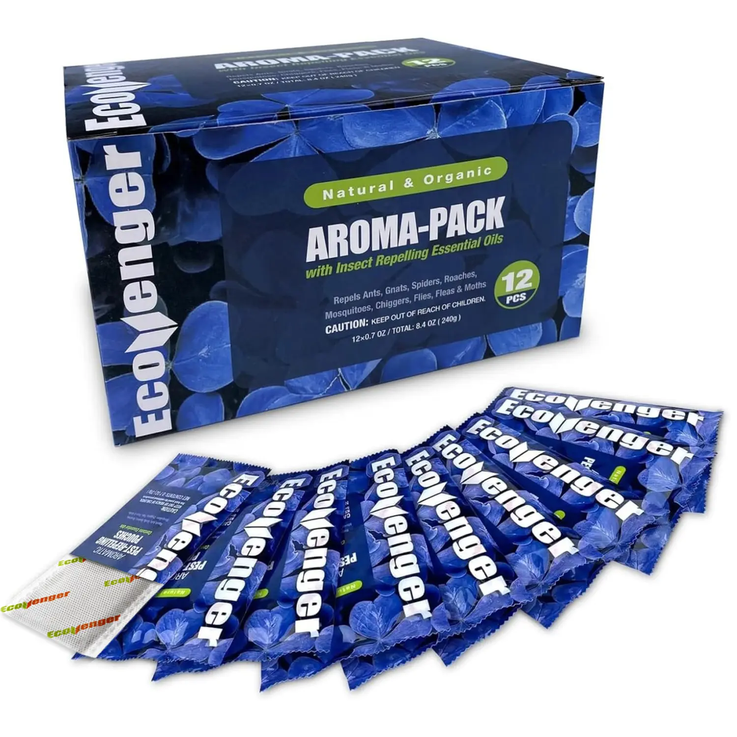 EcoVenger Pest Control Aroma Sachets 12-Pack Pouches, Natural Insect Repellent, Moths, Mosquitoes, Spiders, Roaches, Lasting Deterrence, Peppermint/Cedar/Lemongrass