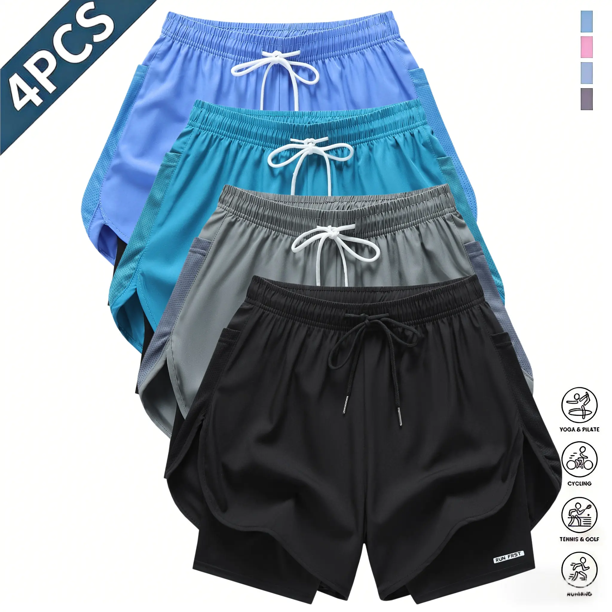 Set of four women’s double layer faux two piece athletic shorts—ideal for fitness and running. The double layer faux two piece design creates layered visual effect. Elastic drawstring waistband allows free adjustment for a snug fit. Curved, irregular hem