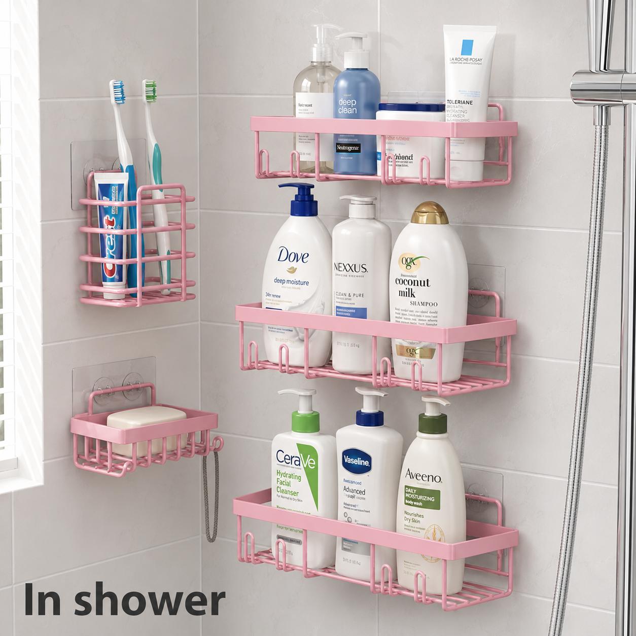 Black Shower Caddy 5 Pack, Adhesive Bathroom Organizer Shelves No Drilling, Rustproof Shower Storage Rack with Hooks, Toothbrush Holder & Soap Dish, Renter Friendly Apartment Essentials for Small Bathroom, Dorm, RV, Kitchen