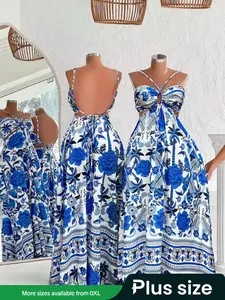 Plus Size Women's Halter Dress, Waist Cutout Vacation Style Floral Print Floor-Length Dress, Elegant Summer Beachwear, Perfect for Holiday