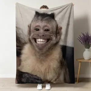 Funny Smiling Monkey Print Flannel Throw Blanket Soft Warm Cozy Lightweight Blanket for Home Office Sofa Bed Travel Camping Gifts