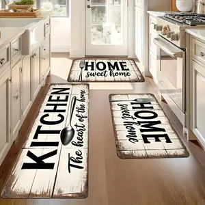2/3pcs, Home Kitchen Mat Set - Wood Grain Tableware HOME Sweet Home Pattern Home Decoration, Machine Washable Flannel Mat, Suitable for Sink, Bedroom, Living Room, Dining Area, Room Decoration, Mat Set