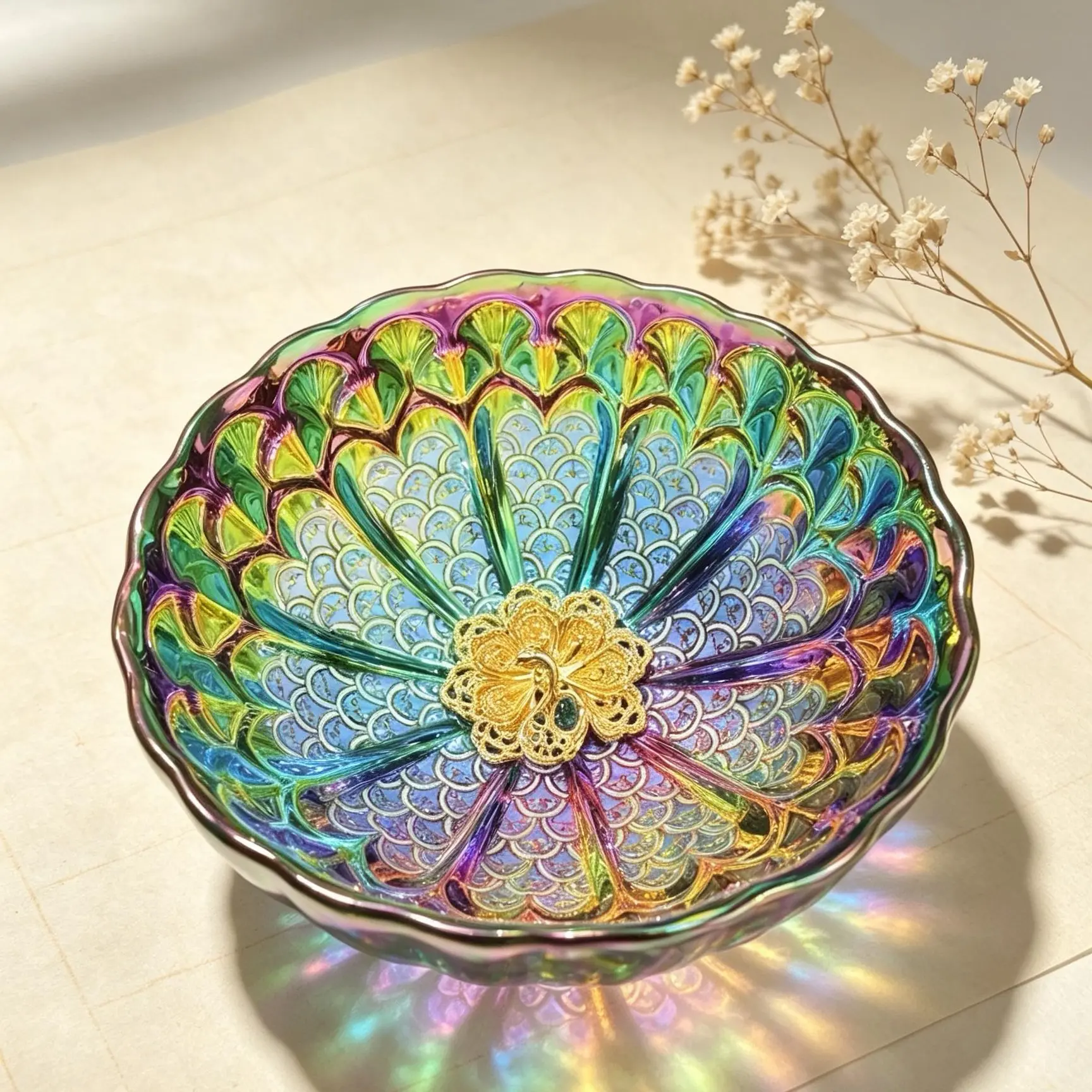 Dragon Scale Peacock Pattern Glass Fruit Tray with Gold Inlay, Decorative Display Tray, Affordable Luxury Home Tea Tray