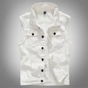 Men Ripped White Thick Denim Sleeveless Vest Destroyed Biker Motorcycle Jacket