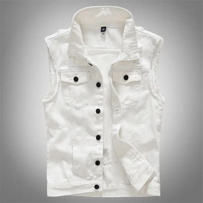 Men Ripped White Thick Denim Sleeveless Vest Destroyed Biker Motorcycle Jacket