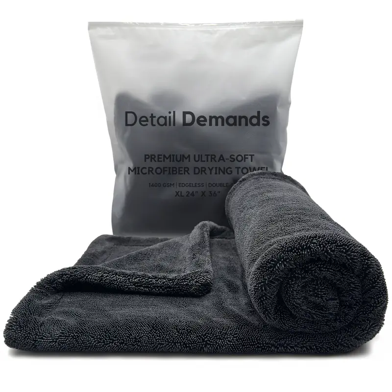 Detail Demands Extra Large Microfiber Car Drying Towel 1400 GSM 24" x 36" 70/30 Blend Streak Free Scratch Free Super Absorbent Black