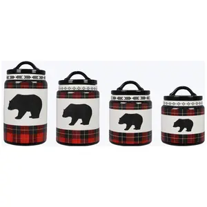 Young's Inc Set of 4 Ceramic Cabin Plaid Bear C anisters