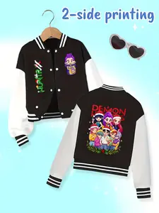 Girls Kpop Demon Hunters Korean Series Noodle Label Christmas Full-Role Dual-Sided Print Short Baseball Jacket, Casual Fall & Winter Elastic Coat, Striped Trim Jacket