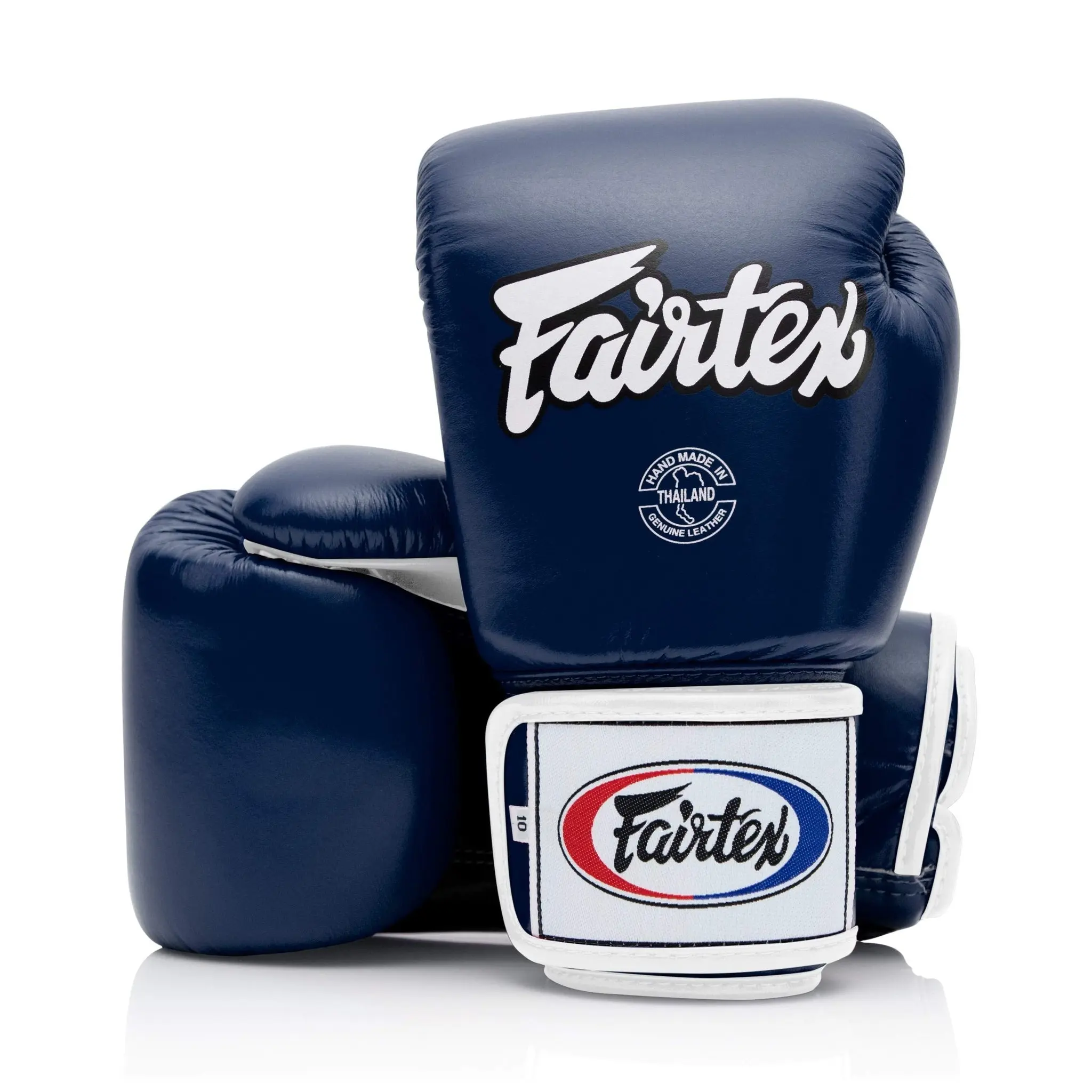 Fairtex BGV1 Premium Leather Muay Thai Boxing Gloves, Contoured Fit Non-Riding Sports Gloves for Training & Sparring, Blue/Black/White