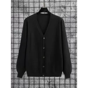 Men Solid Button Front Cardigan Plain Black Fashion Chunky Casual Urban Cardigan, For Husband, Boyfriend GiftsGiftGift