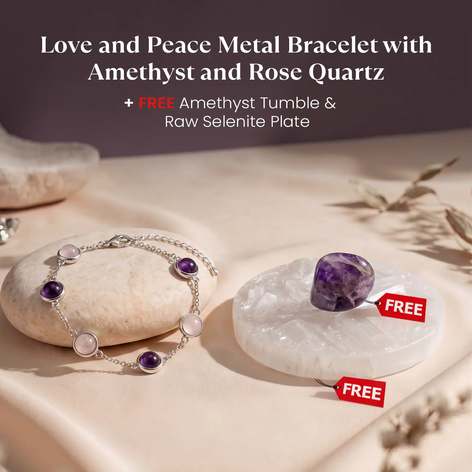 Astrotalk Rose Quartz & Amethyst Love & Peace Combo for stress, self-love & calm | FREE Amethyst Tumble & Raw Selenite Plate for Crystal Charging | Daily Wear Jewellery | Certified Authentic | Gift for Her