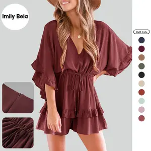 Imily Bela Womens V Neck Beach Romper Ruffle Layered Drawstring Waisted Shorts Jumpsuit