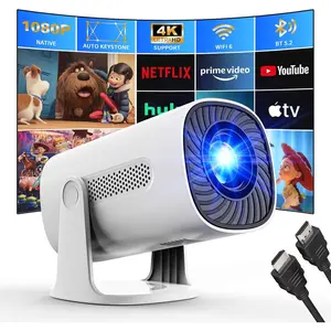 [Built-in Apps & Smart OS] Portable 4K Outdoor Smart Projector with WiFi and Bluetooth, 1080P FHD 4K Support, Projector with Auto Keystone, Stereo Speaker, Compatible with HDMI/TV Stick/USB, Portable Projector, White